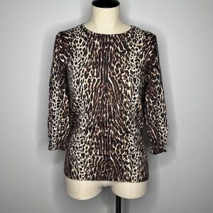 J Crew Merino Wool Top Womens Small Brown Animal Print Leopard 3/4 Sleeve Casual